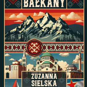 Okładka książki „Zrozumieć Bałkany” Zuzanny Sielskiej utrzymana jest w stylu ilustracyjnym inspirowanym folklorem i plakatem retro, i przedstawia górski krajobraz, architekturę sakralną oraz elementy kultury regionu ujęte w dekoracyjne panele. Dominują zielenie, czerwienie i beże, a całość uzupełniają geometryczne wzory ludowe oraz wyraźna, masywna typografia.