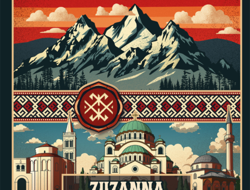 Okładka książki „Zrozumieć Bałkany” Zuzanny Sielskiej utrzymana jest w stylu ilustracyjnym inspirowanym folklorem i plakatem retro, i przedstawia górski krajobraz, architekturę sakralną oraz elementy kultury regionu ujęte w dekoracyjne panele. Dominują zielenie, czerwienie i beże, a całość uzupełniają geometryczne wzory ludowe oraz wyraźna, masywna typografia.